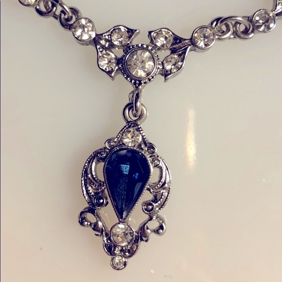 DOWNTOWN ABBEY Silver Blue Crystal Drop Necklace - Picture 2 of 6